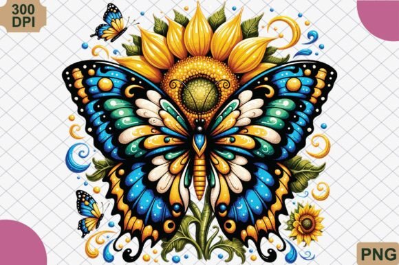 Blue Butterfly with Sunflower PNG